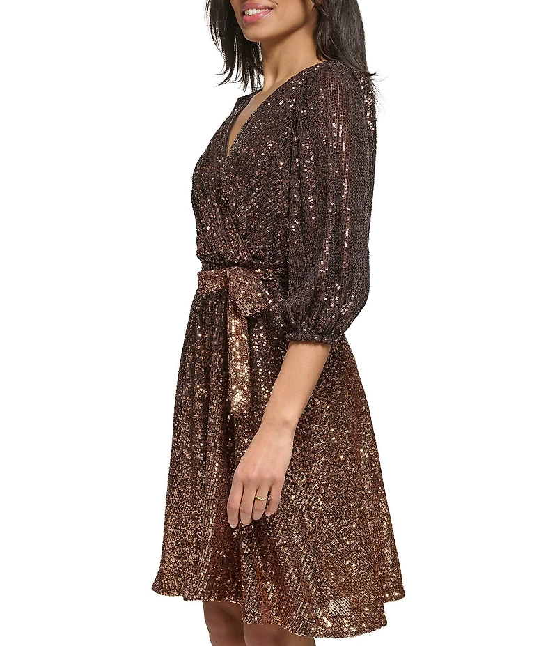 DKNY by Donna Karan Ombre Sequin Mesh Knit 3/4 Sleeve Faux Wrap Dress