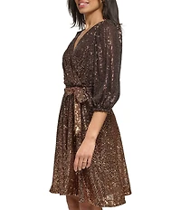 DKNY by Donna Karan Ombre Sequin Mesh Knit 3/4 Sleeve Faux Wrap Dress