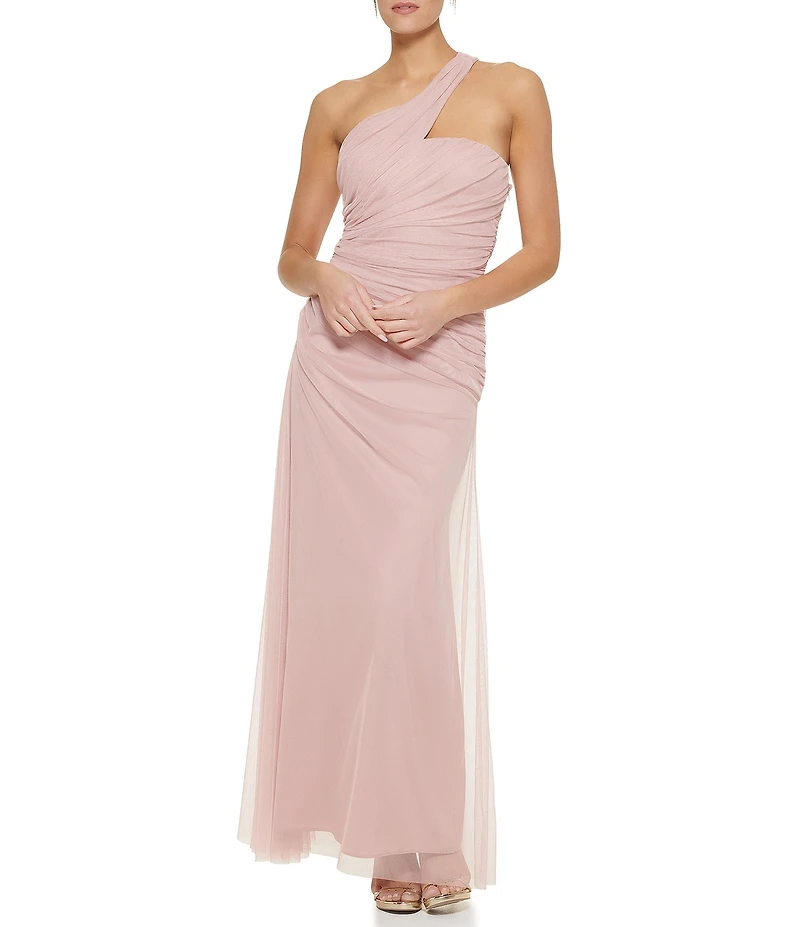 DKNY By Donna Karan One Shoulder Ruched Mesh Long Dress