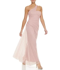 DKNY By Donna Karan One Shoulder Ruched Mesh Long Dress