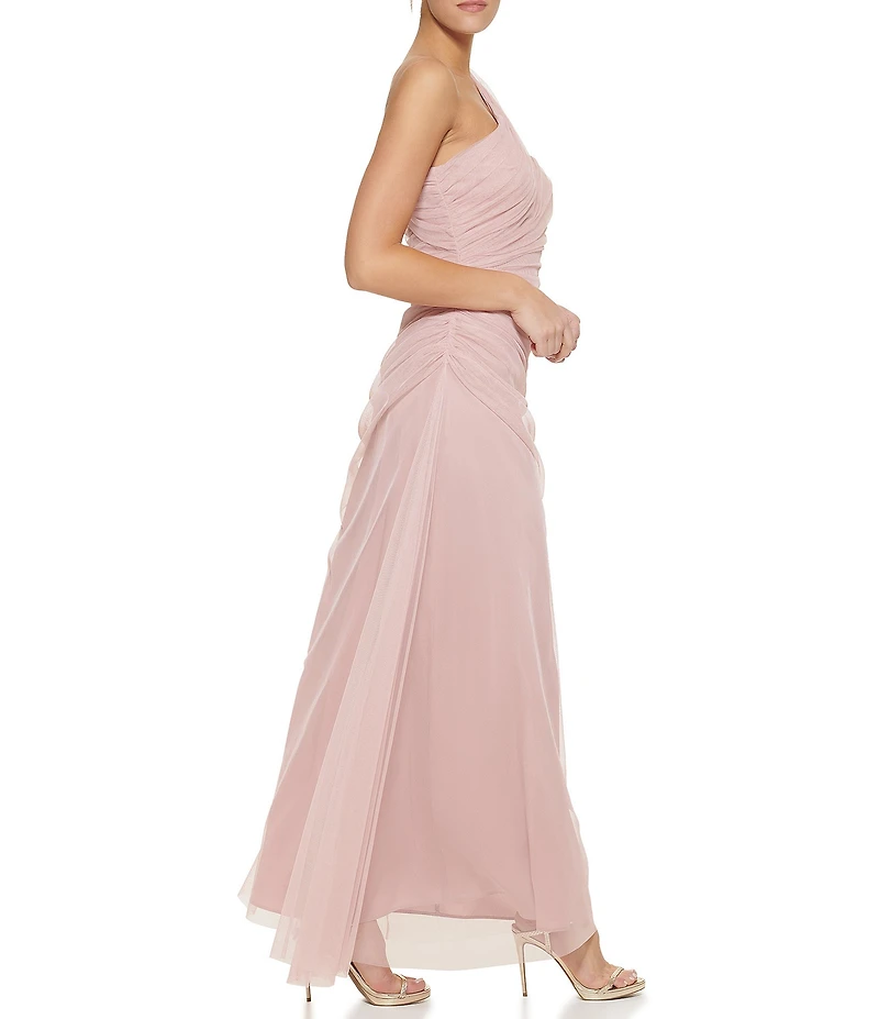 DKNY By Donna Karan One Shoulder Ruched Mesh Long Dress