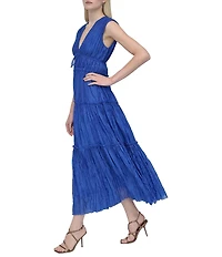 DKNY by Donna Karan Organza V Neck Sleeveless Front Tie Sheath Maxi Dress