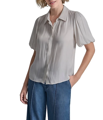DKNY by Donna Karan Park Satin Point Collar Short Puff Sleeve Button Front Blouse