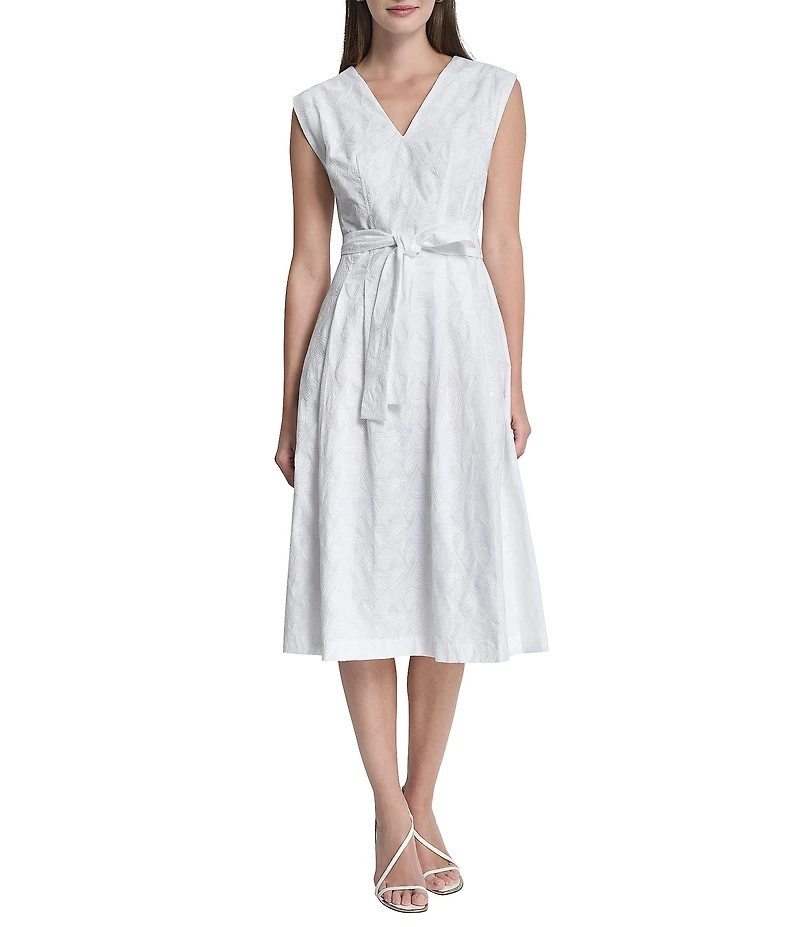 DKNY By Donna Karan Petite Embroidered Cotton Fit And Flare Midi Dress