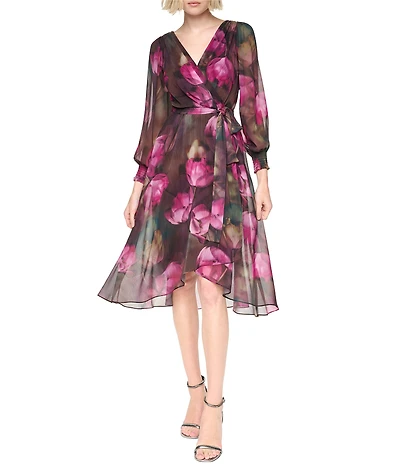 DKNY By Donna Karan Petite Size Chiffon Floral Print Long Balloon Sleeve Smocked Cuff Surplice Neck Faux Wrap Midi Dress