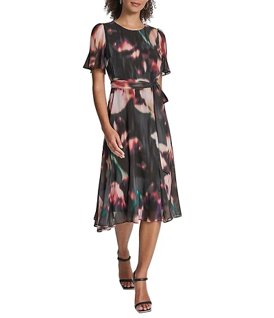 DKNY by Donna Karan Petite Size Chiffon Floral Print Short Sleeve Belted Fit and Flare Midi Dress