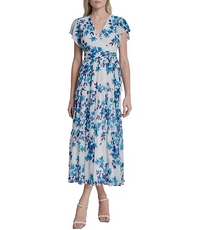 DKNY by Donna Karan Petite Size Chiffon Flutter Sleeve Tiered Skirt Midi Dress