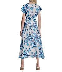 DKNY by Donna Karan Petite Size Chiffon Flutter Sleeve Tiered Skirt Midi Dress