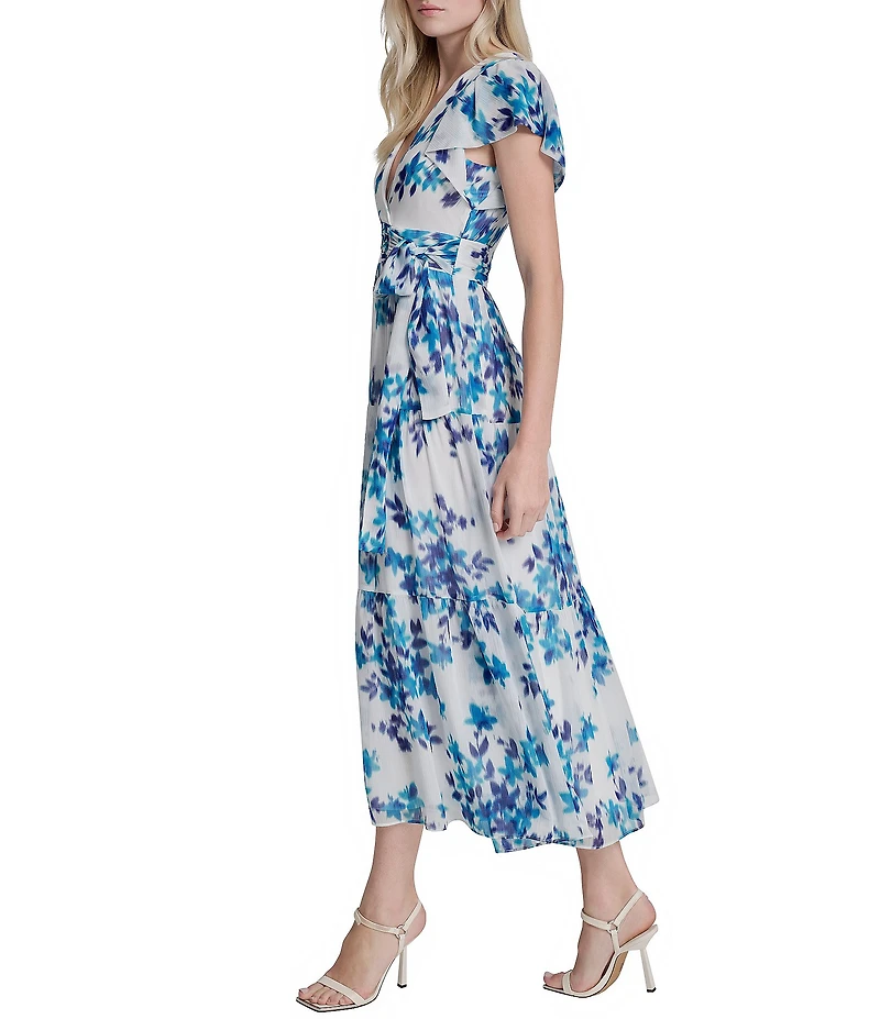 DKNY by Donna Karan Petite Size Chiffon Flutter Sleeve Tiered Skirt Midi Dress