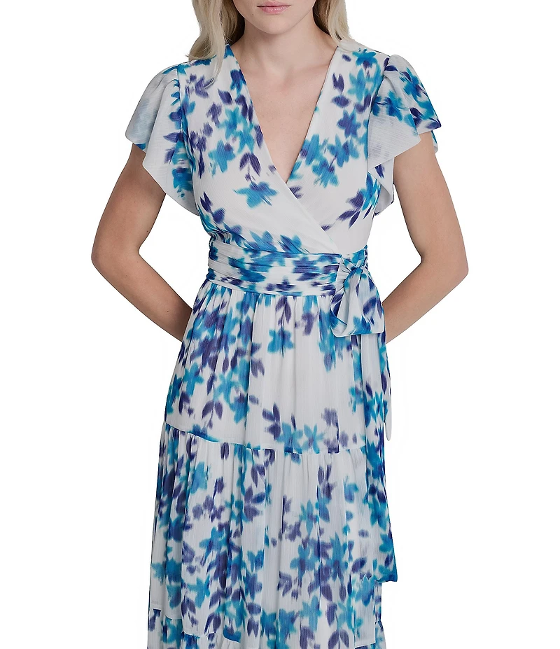 DKNY by Donna Karan Petite Size Chiffon Flutter Sleeve Tiered Skirt Midi Dress