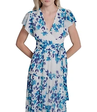 DKNY by Donna Karan Petite Size Chiffon Flutter Sleeve Tiered Skirt Midi Dress