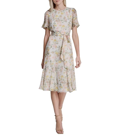 DKNY by Donna Karan Petite Size Chiffon Short Flutter Sleeve Belted Midi Floral Dress
