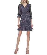 DKNY by Donna Karan Petite Size Chiffon V-Neck 3/4 Sleeve Fit and Flare Dress