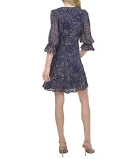 DKNY by Donna Karan Petite Size Chiffon V-Neck 3/4 Sleeve Fit and Flare Dress