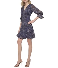 DKNY by Donna Karan Petite Size Chiffon V-Neck 3/4 Sleeve Fit and Flare Dress