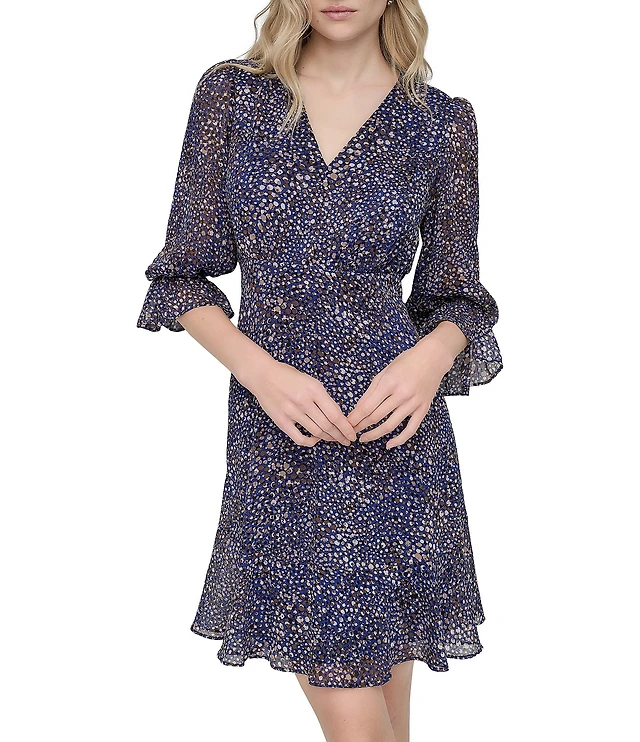 Donna Karan DKNY by Donna Karan Petite Size Chiffon V-Neck 3/4 Sleeve Fit  and Flare Dress | Liberty Center