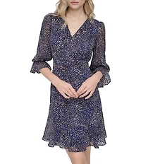 DKNY by Donna Karan Petite Size Chiffon V-Neck 3/4 Sleeve Fit and Flare Dress
