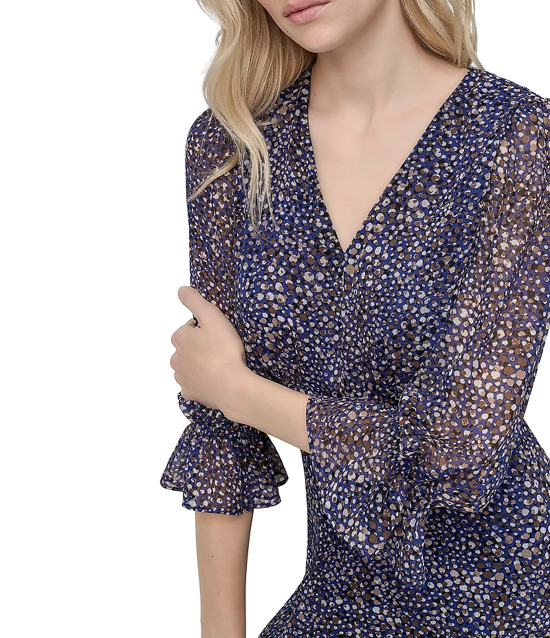 DKNY by Donna Karan Petite Size Chiffon V-Neck 3/4 Sleeve Fit and Flare Dress