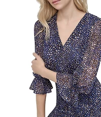 DKNY by Donna Karan Petite Size Chiffon V-Neck 3/4 Sleeve Fit and Flare Dress