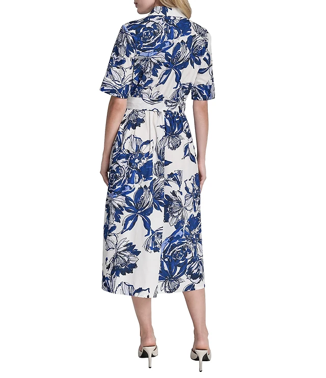 donna karan women's button-front short-sleeve belted dress Donna Karan Short Sleeve Belted Button Front Midi Shirt Dress