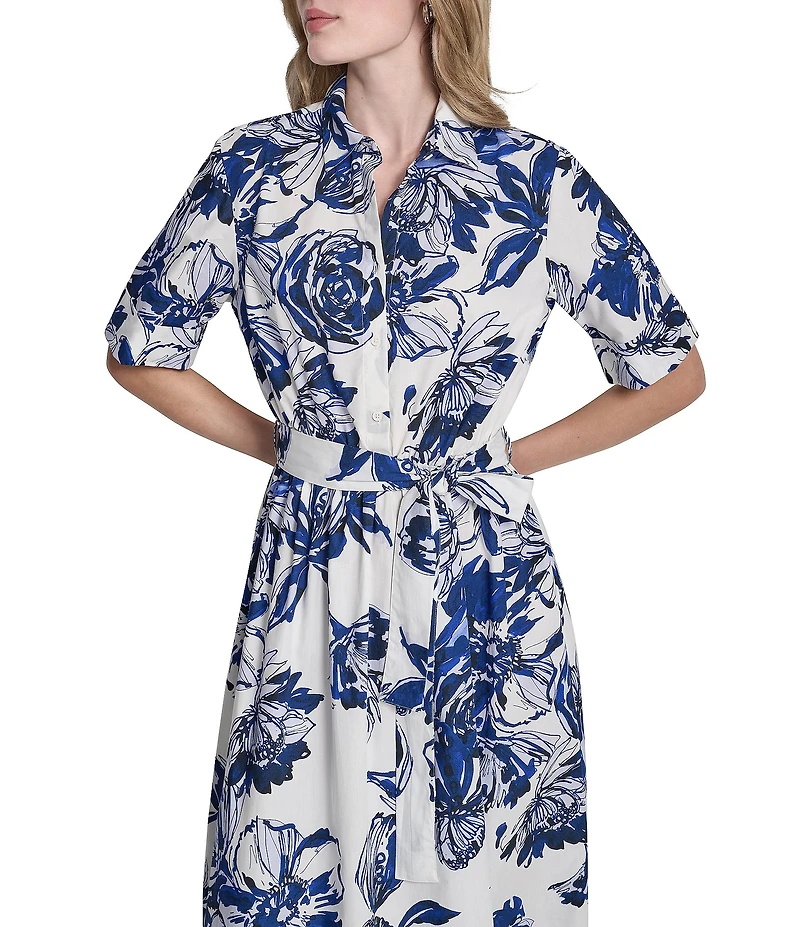 DKNY by Donna Karan Petite Size Cotton Button Front Belted Midi Shirtdress