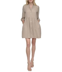 DKNY by Donna Karan Petite Size Crew Neck 3/4 Sleeve Button Front Shirt Dress