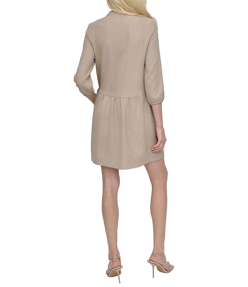DKNY by Donna Karan Petite Size Crew Neck 3/4 Sleeve Button Front Shirt Dress