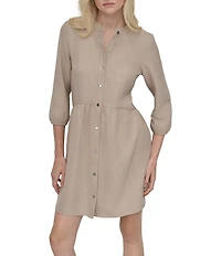 DKNY by Donna Karan Petite Size Crew Neck 3/4 Sleeve Button Front Shirt Dress