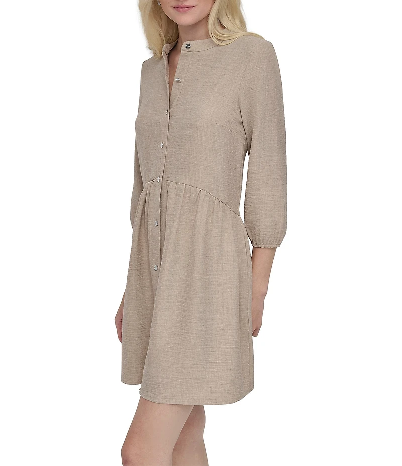 DKNY by Donna Karan Petite Size Crew Neck 3/4 Sleeve Button Front Shirt Dress