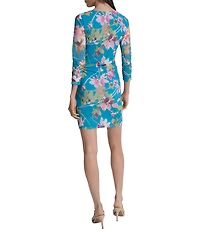 DKNY by Donna Karan Petite Size Crew Neckline Floral Print 3/4 Sleeve Ruched Sheath Dress