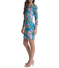 DKNY by Donna Karan Petite Size Crew Neckline Floral Print 3/4 Sleeve Ruched Sheath Dress
