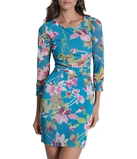 DKNY by Donna Karan Petite Size Crew Neckline Floral Print 3/4 Sleeve Ruched Sheath Dress