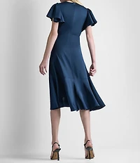 DKNY By Donna Karan Petite Size Faux Wrap Flutter Sleeve Flounce Hem Midi Dress
