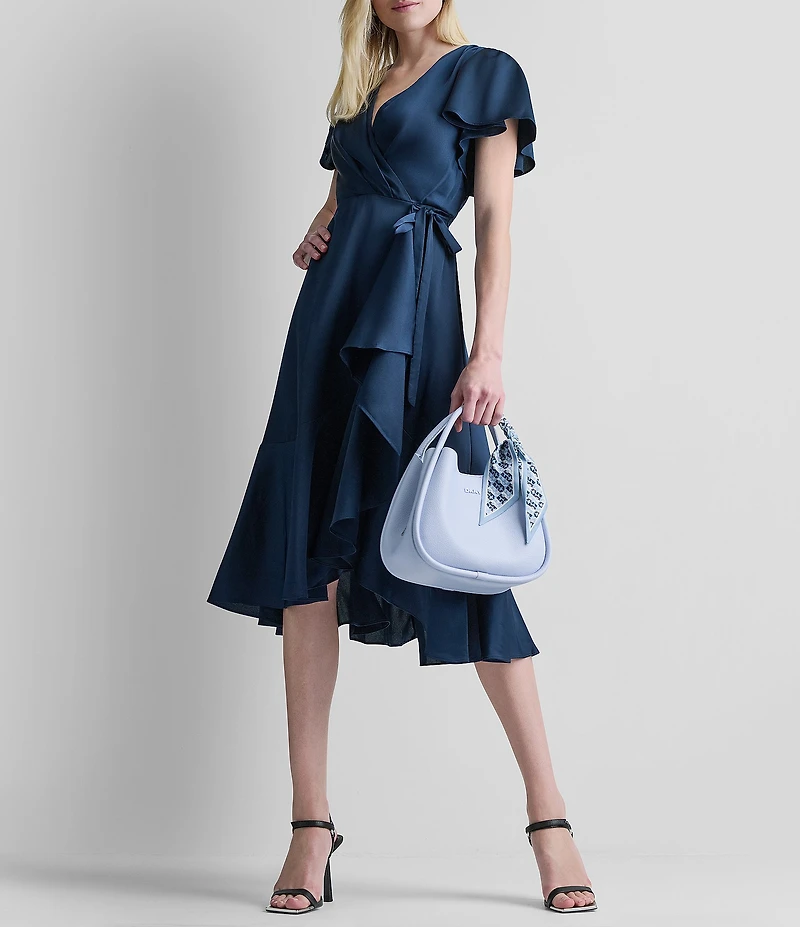 DKNY By Donna Karan Petite Size Faux Wrap Flutter Sleeve Flounce Hem Midi Dress
