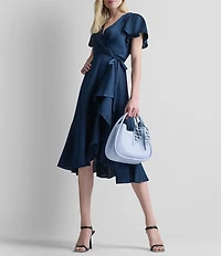 DKNY By Donna Karan Petite Size Faux Wrap Flutter Sleeve Flounce Hem Midi Dress