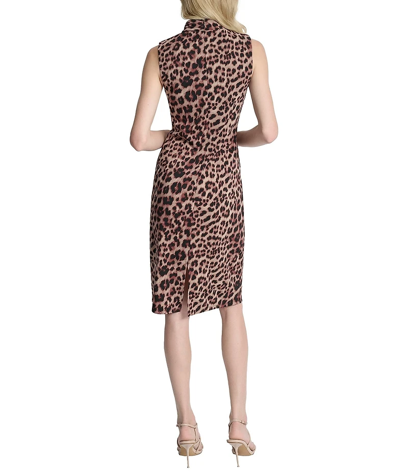 DKNY by Donna Karan Petite Size Leopard Print Jersey Cross Mock Neck Sheath Dress