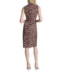 DKNY by Donna Karan Petite Size Leopard Print Jersey Cross Mock Neck Sheath Dress