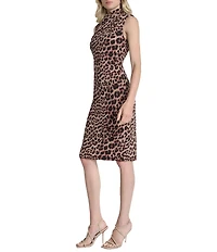 DKNY by Donna Karan Petite Size Leopard Print Jersey Cross Mock Neck Sheath Dress
