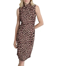 DKNY by Donna Karan Petite Size Leopard Print Jersey Cross Mock Neck Sheath Dress