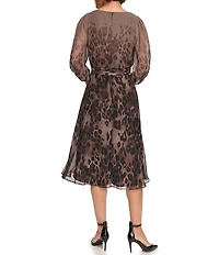 DKNY by Donna Karan Petite Size Leopard Print V-Neckline 3/4 Sleeve Faux Wrap Midi Dress