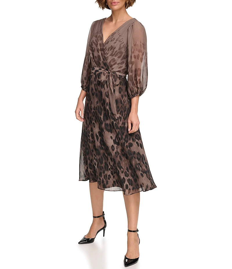 DKNY by Donna Karan Petite Size Leopard Print V-Neckline 3/4 Sleeve Faux Wrap Midi Dress