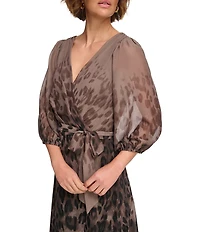 DKNY by Donna Karan Petite Size Leopard Print V-Neckline 3/4 Sleeve Faux Wrap Midi Dress