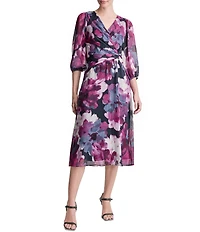 DKNY By Donna Karan Petite Size Long Sleeve Surplice Neck Fit And Flare Chiffon Midi Dress