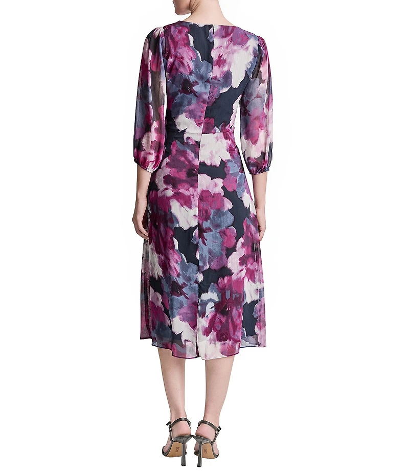 DKNY By Donna Karan Petite Size Long Sleeve Surplice Neck Fit And Flare Chiffon Midi Dress