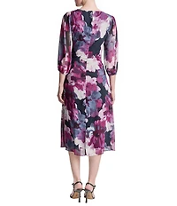 DKNY By Donna Karan Petite Size Long Sleeve Surplice Neck Fit And Flare Chiffon Midi Dress