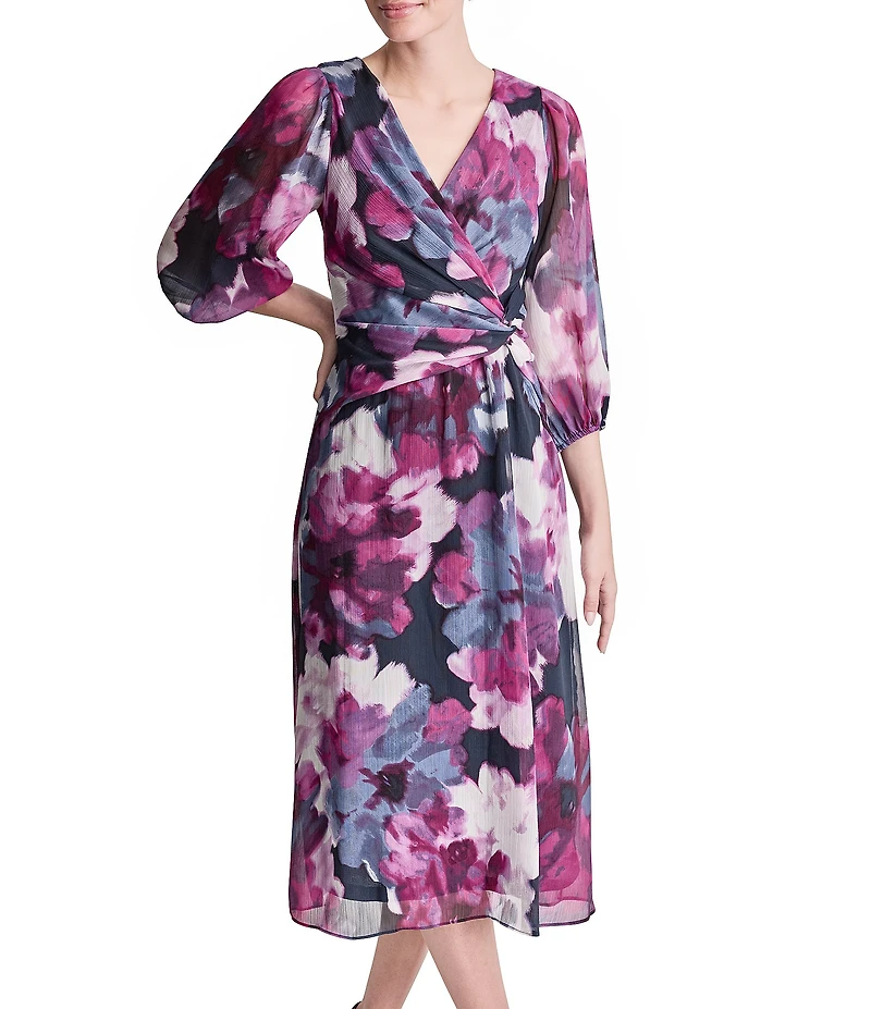 DKNY By Donna Karan Petite Size Long Sleeve Surplice Neck Fit And Flare Chiffon Midi Dress