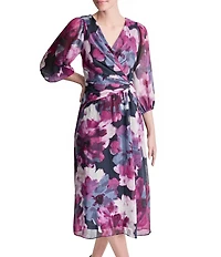 DKNY By Donna Karan Petite Size Long Sleeve Surplice Neck Fit And Flare Chiffon Midi Dress