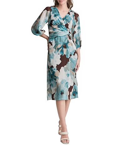 DKNY by Donna Karan Petite Size Long Sleeve Surplice Neck Fit And Flare Chiffon Midi Dress