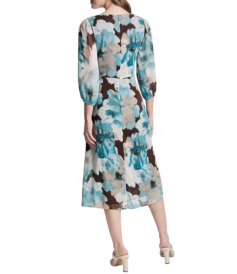 DKNY by Donna Karan Petite Size Long Sleeve Surplice Neck Fit And Flare Chiffon Midi Dress