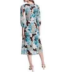 DKNY by Donna Karan Petite Size Long Sleeve Surplice Neck Fit And Flare Chiffon Midi Dress